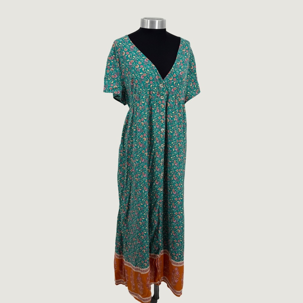 Natural Life Rebecca Womens XL Teal Floral Rayon Maxi Dress V-Neck Boho Pockets - Picture 6 of 16